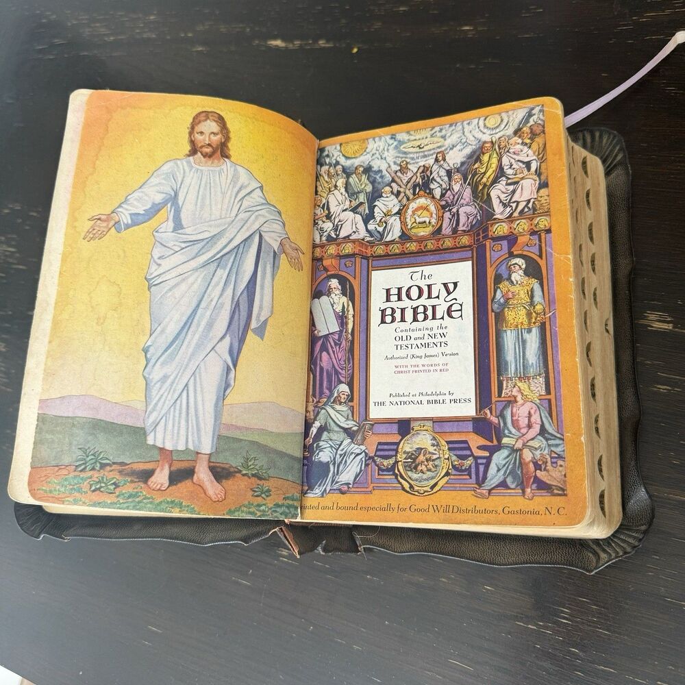 Vtg 1943 Holy Bible KJV Red Letter Thumb Indexed Illustrated Good Will Bible 9x6